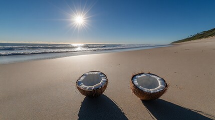 Two halves of coconut on sunny beach.