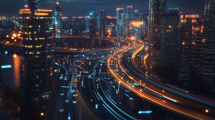 Fototapeta premium Smart digital Innovation city with connection network reciprocity over the cityscape. of future smart wireless digital city and social media networking systems that connects people with in city