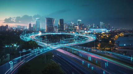 Naklejka premium Smart digital Innovation city with connection network reciprocity over the cityscape. of future smart wireless digital city and social media networking systems that connects people with in city