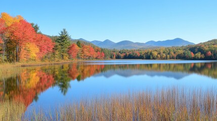 Serene Autumn Landscape with Vibrant Foliage and Calm Mountain Reflections