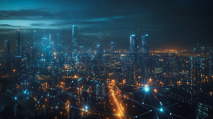 Fototapeta premium Smart digital Innovation city with connection network reciprocity over the cityscape. of future smart wireless digital city and social media networking systems that connects people with in city