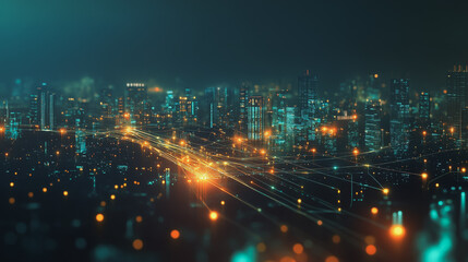 Fototapeta premium Smart digital Innovation city with connection network reciprocity over the cityscape. of future smart wireless digital city and social media networking systems that connects people with in city