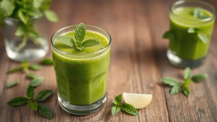 Vibrant green smoothie in glass, garnished with fresh mint, clean eating, healthy lifestyle
