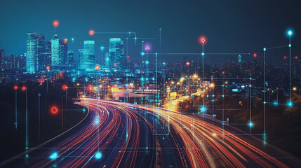 Fototapeta premium Smart digital Innovation city with connection network reciprocity over the cityscape. of future smart wireless digital city and social media networking systems that connects people with in city