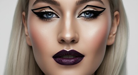 Striking makeup on caucasian female with bold eyeliner and dark lips