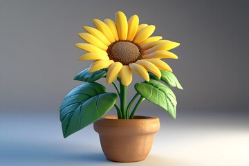 Obraz premium Cheery Sunflower in Pot with Green Leaves 3D Cartoon Floral Element on White Background