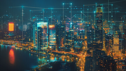 Naklejka premium Smart digital Innovation city with connection network reciprocity over the cityscape. of future smart wireless digital city and social media networking systems that connects people with in city