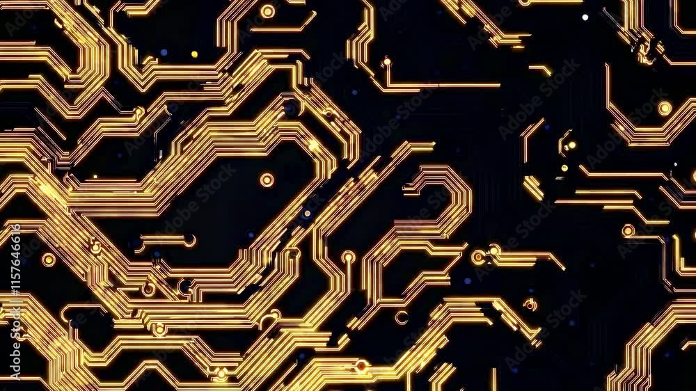 Poster golden circuit board design technology featuring intricate patterns and connections in gold.