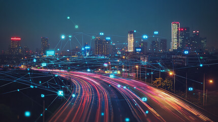 Obraz premium Smart digital Innovation city with connection network reciprocity over the cityscape. of future smart wireless digital city and social media networking systems that connects people with in city