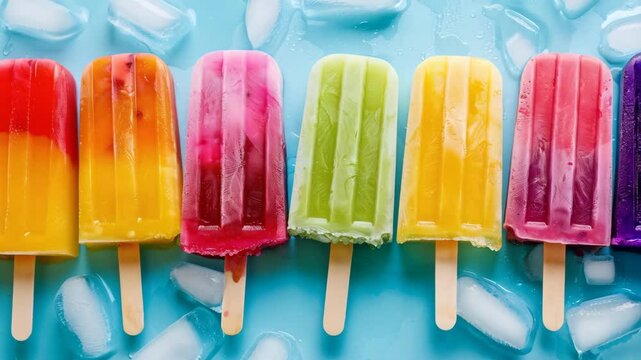 close up of colorful popsicles over blue background