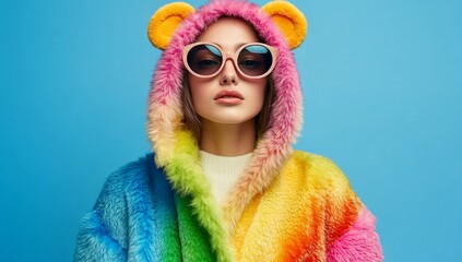Woman in rainbow fur coat and sunglasses.