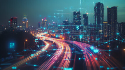 Obraz premium Smart digital Innovation city with connection network reciprocity over the cityscape. of future smart wireless digital city and social media networking systems that connects people with in city
