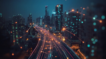 Obraz premium Smart digital Innovation city with connection network reciprocity over the cityscape. of future smart wireless digital city and social media networking systems that connects people with in city