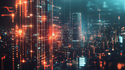 Fototapeta premium Smart digital Innovation city with connection network reciprocity over the cityscape. of future smart wireless digital city and social media networking systems that connects people with in city