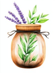 Herbal Glass Jar with Lavender and Greenery - Botanical illustration, calming ambiance, natural fragrance, herbal remedy, serene atmosphere.