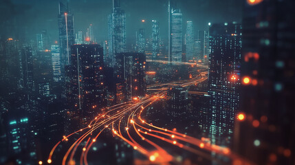 Naklejka premium Smart digital Innovation city with connection network reciprocity over the cityscape. of future smart wireless digital city and social media networking systems that connects people with in city