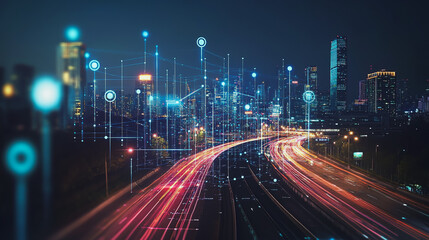 Fototapeta premium Smart digital Innovation city with connection network reciprocity over the cityscape. of future smart wireless digital city and social media networking systems that connects people with in city