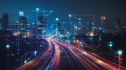 Smart digital Innovation city with connection network reciprocity over the cityscape. of future smart wireless digital city and social media networking systems that connects people with in city