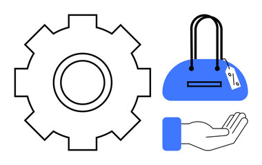 Gear mechanism, hand holding a blue shopping bag with a price tag. Ideal for industry, service, support, retail, commerce, technology and business solutions. Line metaphor