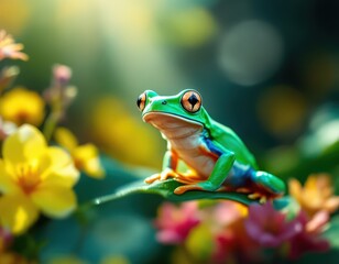Naklejka premium Colorful frog sitting on leaf in vibrant garden. Cute animal for Earth Day, spring, and nature themes. Great for posters, cards, and invitations.