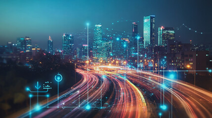 Fototapeta premium Smart digital Innovation city with connection network reciprocity over the cityscape. of future smart wireless digital city and social media networking systems that connects people with in city