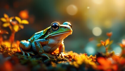 Naklejka premium Colorful frog sitting on leaf in vibrant garden. Cute animal for Earth Day, spring, and nature themes. Great for posters, cards, and invitations.
