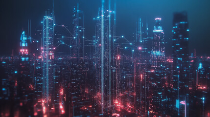 Fototapeta premium Smart digital Innovation city with connection network reciprocity over the cityscape. of future smart wireless digital city and social media networking systems that connects people with in city