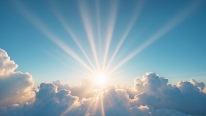 Fototapeta premium sunbeams shining through fluffy white clouds in a blue sky