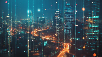 Naklejka premium Smart digital Innovation city with connection network reciprocity over the cityscape. of future smart wireless digital city and social media networking systems that connects people with in city