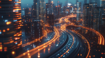 Fototapeta premium Smart digital Innovation city with connection network reciprocity over the cityscape. of future smart wireless digital city and social media networking systems that connects people with in city