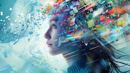 overwhelming data and media explosion out of the head of a young person, depicting the effects of news overload, social media addiction, and digital maximalism

