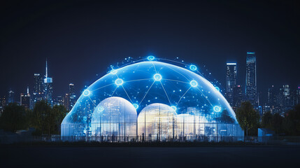 Naklejka premium Smart digital Innovation city with connection network reciprocity over the cityscape. of future smart wireless digital city and social media networking systems that connects people with in city