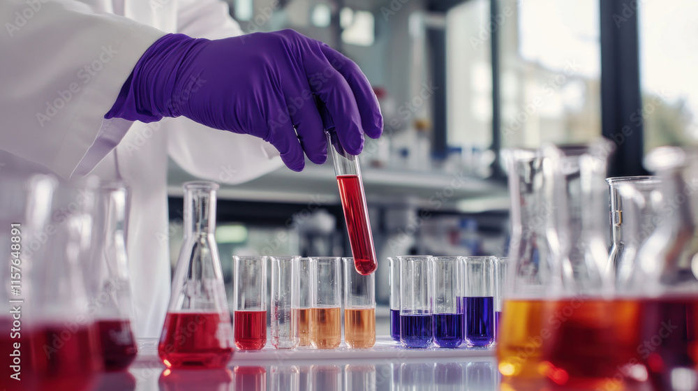 Poster a scientist in a lab coat and purple gloves carefully adds red liquid from a test tube into a series