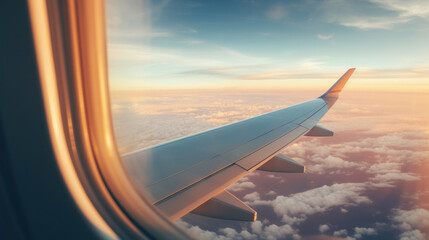 Obraz premium Sunset Glow Around Airplane Window with Wing Over Clouds
