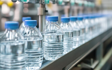 A conveyor belt carries clear plastic bottles filled with water, each capped with a blue lid, showing the efficient production process in a factory setting.