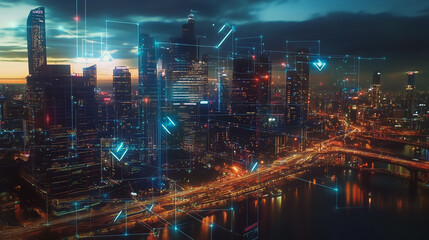 Fototapeta premium Smart digital Innovation city with connection network reciprocity over the cityscape. of future smart wireless digital city and social media networking systems that connects people with in city