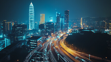 Obraz premium Smart digital Innovation city with connection network reciprocity over the cityscape. of future smart wireless digital city and social media networking systems that connects people with in city