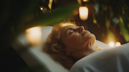 Massage scene in luxurious room with woman lying on a massage table