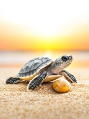 Obraz premium Baby Sea Turtle Sunset Beach - A tiny sea turtle crawls on golden sand, sunset backdrop, symbolizes new life, hope, freedom, journey, nature.