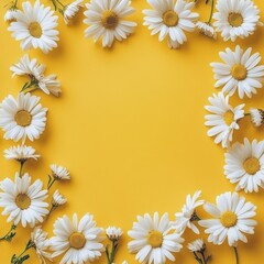 Fototapeta premium Daisies arranged in a circular pattern against a bright yellow background in vibrant floral display