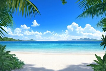 Serene Tropical Beach Background - Idyllic beach scene, azure water, white sand, lush palms, sunny sky, tranquil escape.  Evokes peace, relaxation, summer, paradise, and vacation.