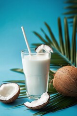 Refreshing coconut drink served with straws and garnished with green leaf
