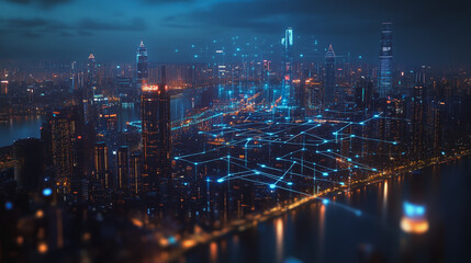 Fototapeta premium Smart digital Innovation city with connection network reciprocity over the cityscape. of future smart wireless digital city and social media networking systems that connects people with in city