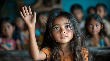 Fototapeta premium A focused young girl sitting upright, hand raised, with classmates and teacher blurred in the background