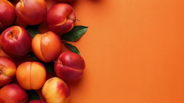 top view of nectarin fruits on the orange background with copy space