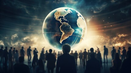 Businesspeople Facing a Giant Globe at Sunrise