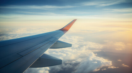 Obraz premium Airplane Wing Over Clouds and Mountainous Terrain Viewed from Window