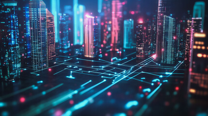 Obraz premium Smart digital Innovation city with connection network reciprocity over the cityscape. of future smart wireless digital city and social media networking systems that connects people with in city