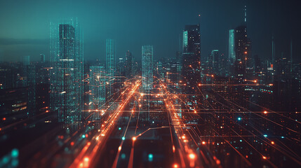 Fototapeta premium Smart digital Innovation city with connection network reciprocity over the cityscape. of future smart wireless digital city and social media networking systems that connects people with in city
