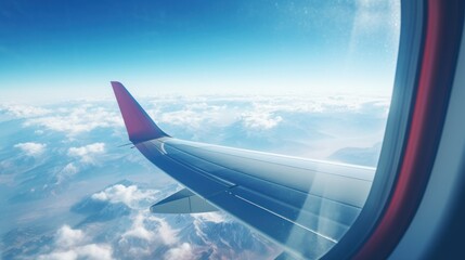 Fototapeta premium Airplane Wing Over Clouds and Mountainous Terrain Viewed from Window